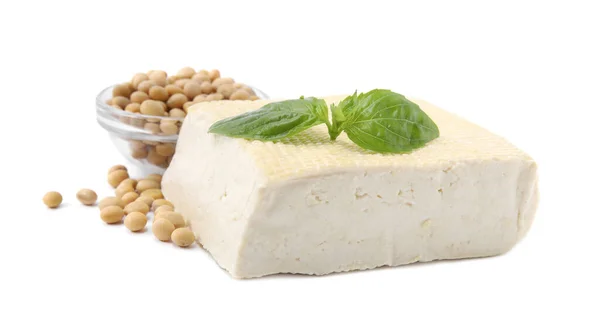 Delicioso Queso Tofu Albahaca Soja Aislados Blanco —  Fotos de Stock
