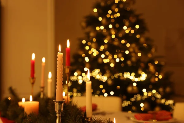 Bougies Allumées Sapin Noël Dans Chambre Espace Pour Texte — Photo