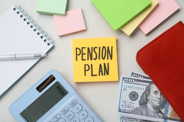 Note Words Pension Plan Banknotes Calculator White Office Table Flat — Stock Photo, Image