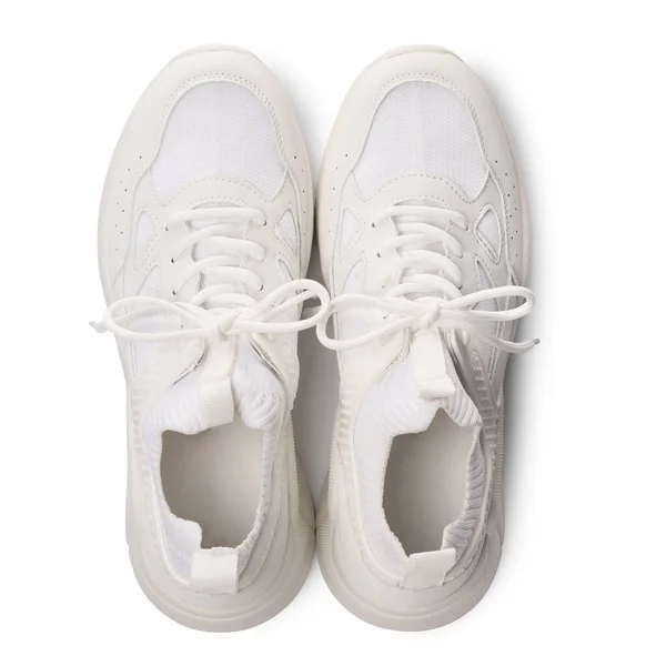 Bir Çift Şık Spor Ayakkabısı Beyaz Üst Görünümde Izole — Stok fotoğraf