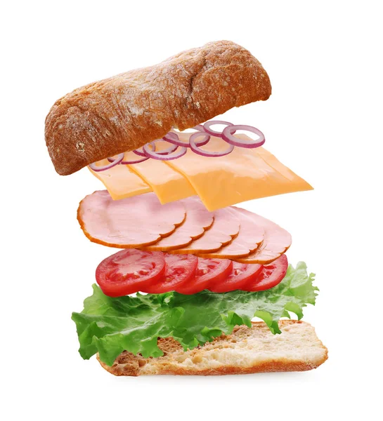 Tasty Ciabatta Sandwich Fresh Ingredients Air White Background — Stock Photo, Image