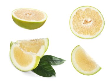 Beyaz arka planda kesilmiş taze tatlı meyvelerle ayarlandı