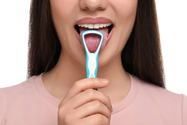 Woman Brushing Her Tongue Cleaner White Background Closeup — Stock Photo, Image