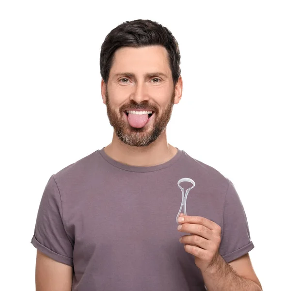Glücklicher Mann Mit Zungenreiniger Auf Weißem Hintergrund — Stockfoto