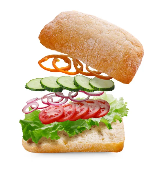 Leckeres Ciabatta Sandwich Mit Frischen Zutaten Der Luft Auf Weißem — Stockfoto