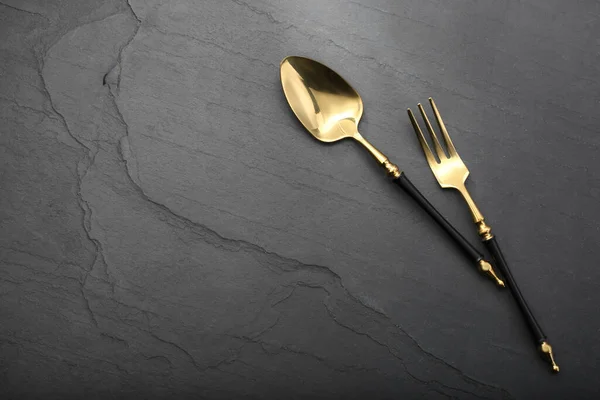 Shiny Fork Spoon Black Table Flat Lay Space Text — Stock Photo, Image