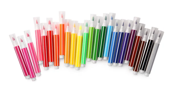 Many Bright Markers Isolated White Top View — Stok fotoğraf
