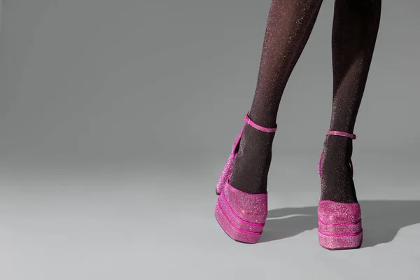Woman Wearing Pink High Heeled Shoes Platform Square Toes Light — Zdjęcie stockowe