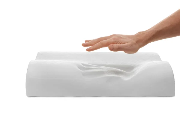 Uomo Con Cuscino Memory Foam Ortopedico Sfondo Bianco Primo Piano — Foto Stock