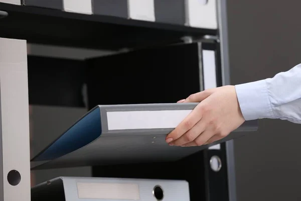 Woman Taking Folder Documents Shelf Office Closeup — Stock Fotó