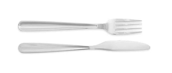 Knife Fork Isolated White Top View Stylish Shiny Cutlery Set — Stockfoto