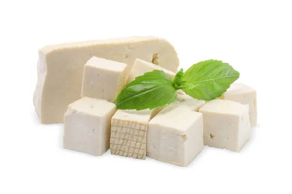 Lahodný Tofu Sýr Bazalka Izolované Bílém — Stock fotografie