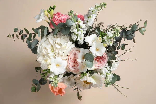 Bouquet Beautiful Flowers Beige Background Top View Royalty Free Stock Photos