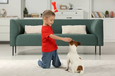 Küçük çocuk evde sevimli köpeğiyle oynuyor. Sevimli hayvan.