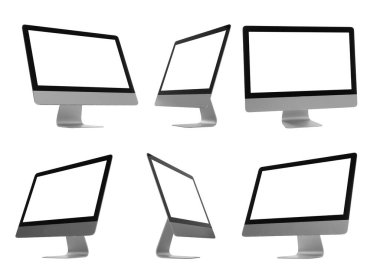 Beyaz arkaplanda bilgisayar monitörlü kolaj tasarımı, farklı taraflar