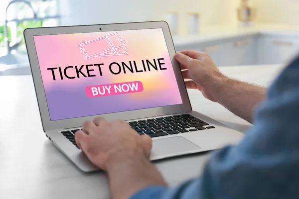 Man Buying Tickets Online Laptop Table Closeup — Stock Photo, Image