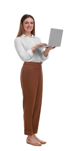 Smuk Forretningskvinde Med Bærbar Computer Hvid Baggrund - Stock-foto