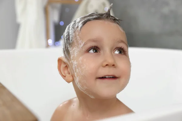 Cute Little Boy Washing Hair Shampoo Bathroom — Stok fotoğraf