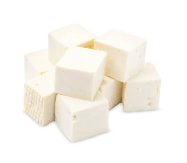 Deliciosos Cubos Queijo Tofu Isolados Branco — Fotografia de Stock
