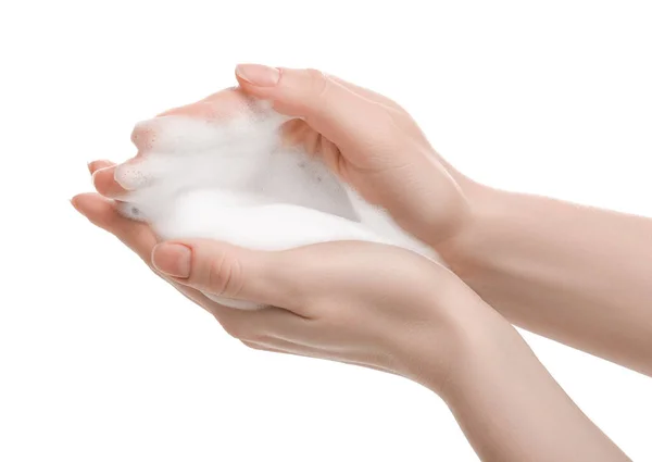 Woman Bath Foam White Background Closeup — Stock Fotó