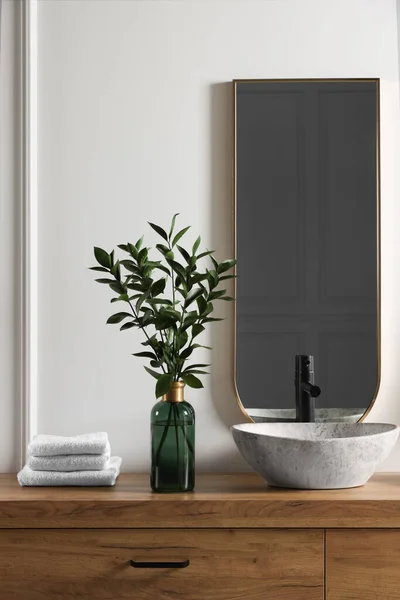 Eucalyptus Branches Folded Towels Stylish Vessel Sink Bathroom Vanity Interior — Foto Stock