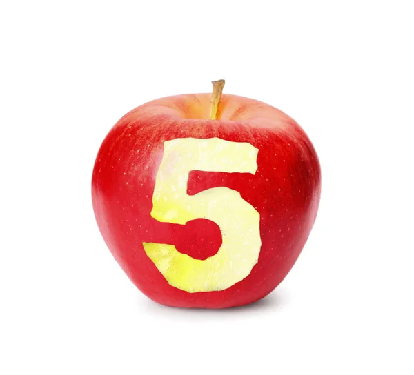 Pomme Rouge Avec Numéro Cinq Sculpté Comme Grade Scolaire Sur — Photo
