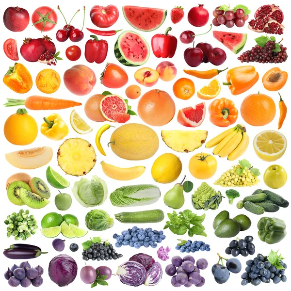 Sok Friss Gyümölcs Zöldség Rendezett Szivárvány Színek Fehér Háttér Kollázs — Stock Fotó