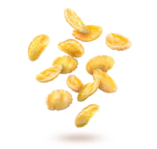 Gouden Cornflakes Vallen Witte Achtergrond — Stockfoto