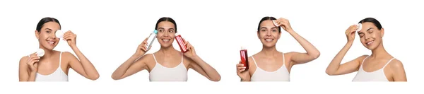 Collage Con Fotos Mujer Con Agua Micelar Sobre Fondo Blanco —  Fotos de Stock