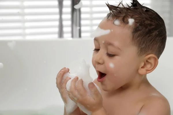 Cute Little Boy Washing Hair Shampoo Bathroom Closeup — Stock Photo, Image