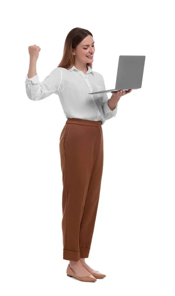 Vacker Affärskvinna Med Laptop Vit Bakgrund — Stockfoto