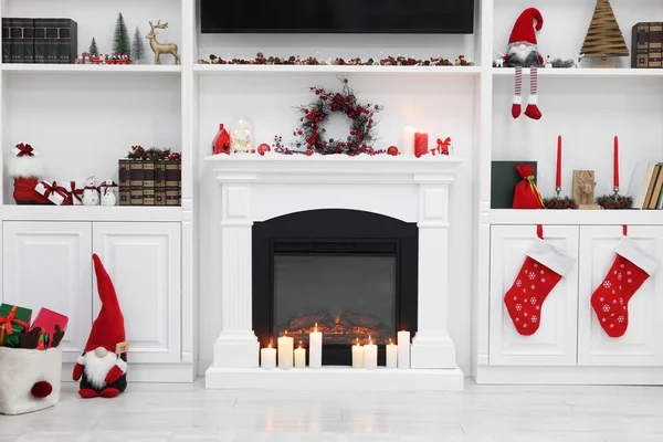 Cosy Room Fireplace Burning Candles Christmas Atmosphere — Fotografia de Stock