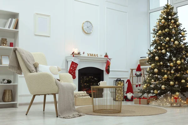 Living Room Interior Beautiful Christmas Tree Festive Decor — Stock fotografie