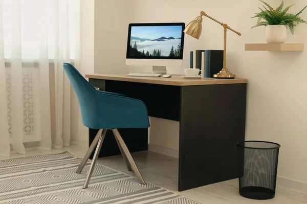 Cozy Workspace Computer Wooden Desk Comfortable Chair Home — Photo