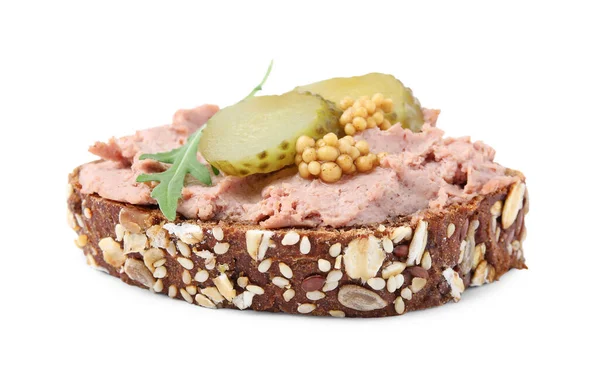 stock image Delicious liverwurst sandwich with cucumber, mustard and arugula isolated on white