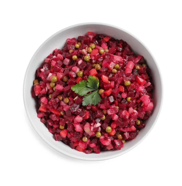 stock image Bowl of delicious fresh vinaigrette salad isolated on white, top view