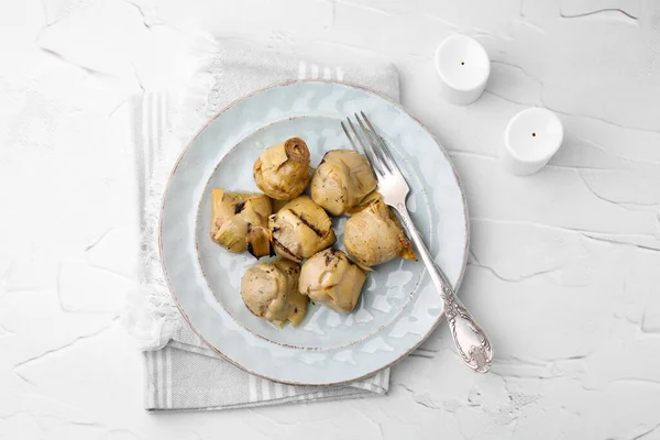 Delicious Pickled Artichokes Served White Textured Table Flat Lay — Stock Photo, Image