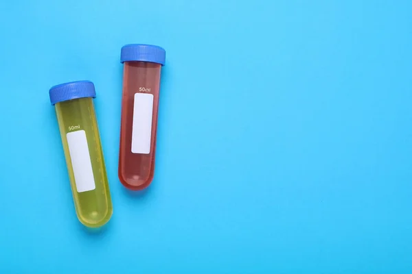 stock image Test tubes with colorful liquids on light blue background, flat lay and space for text. Kids chemical experiment set