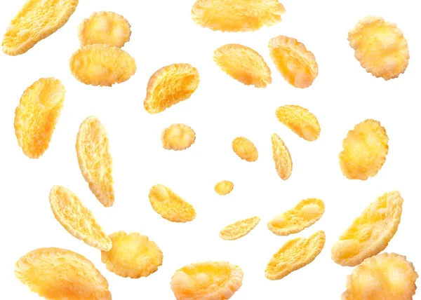 Gouden Cornflakes Wervelend Witte Achtergrond — Stockfoto