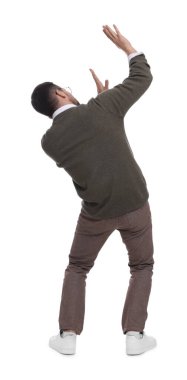 İş adamı beyaz arka plan, arka plan gibi şeylerden kaçıyor.