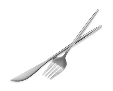 Fork and knife isolated on white. Stylish shiny cutlery set