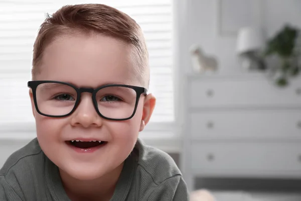 Cute Little Boy Glasses Home Space Text — Stock Fotó