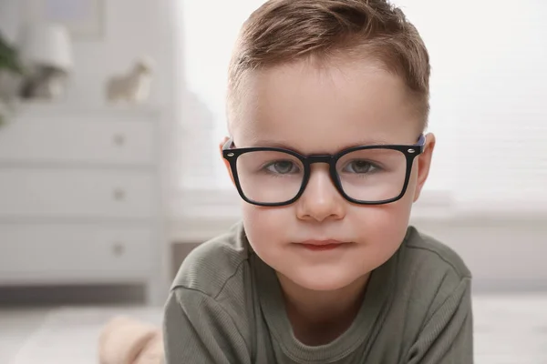 Cute Little Boy Glasses Home Space Text — 스톡 사진