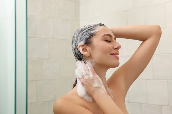 Happy Woman Washing Hair While Taking Shower Home — Stockfoto