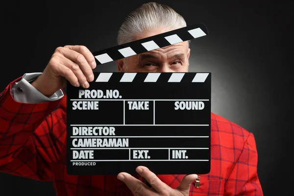 Senior Actor Clapperboard Black Background Film Industry — Foto Stock