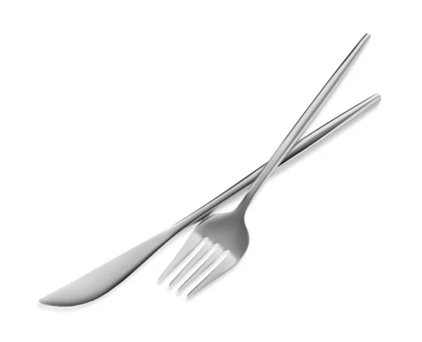Fork Knife Isolated White Stylish Shiny Cutlery Set — Stock Fotó