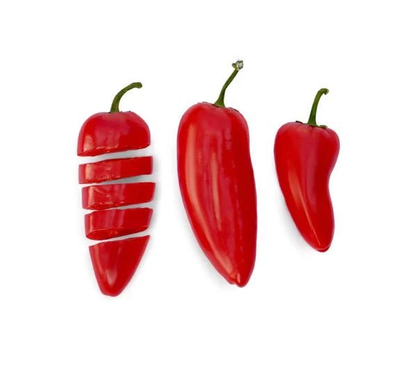 Whole Cut Red Hot Chili Peppers White Background Flat Lay — Fotografia de Stock