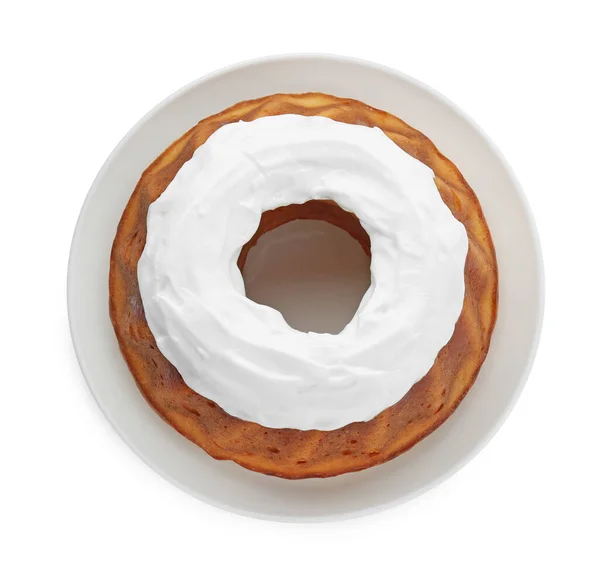 Zelfgemaakte Yoghurttaart Met Room Witte Achtergrond Bovenaanzicht — Stockfoto