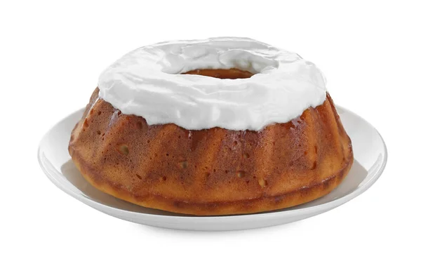 Hausgemachter Joghurtkuchen Mit Sahne Auf Weißem Hintergrund — Stockfoto