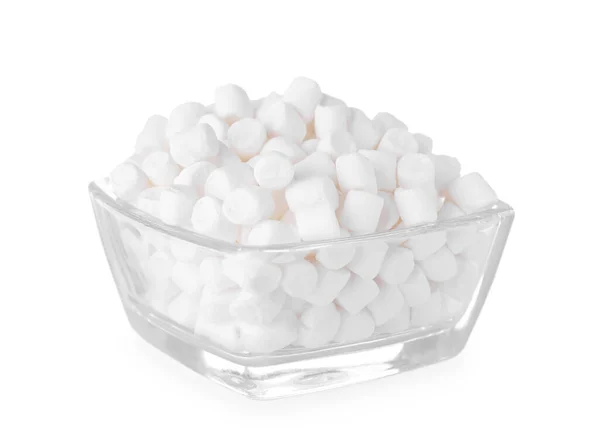 Tigela Deliciosos Marshmallows Inchados Isolados Branco — Fotografia de Stock